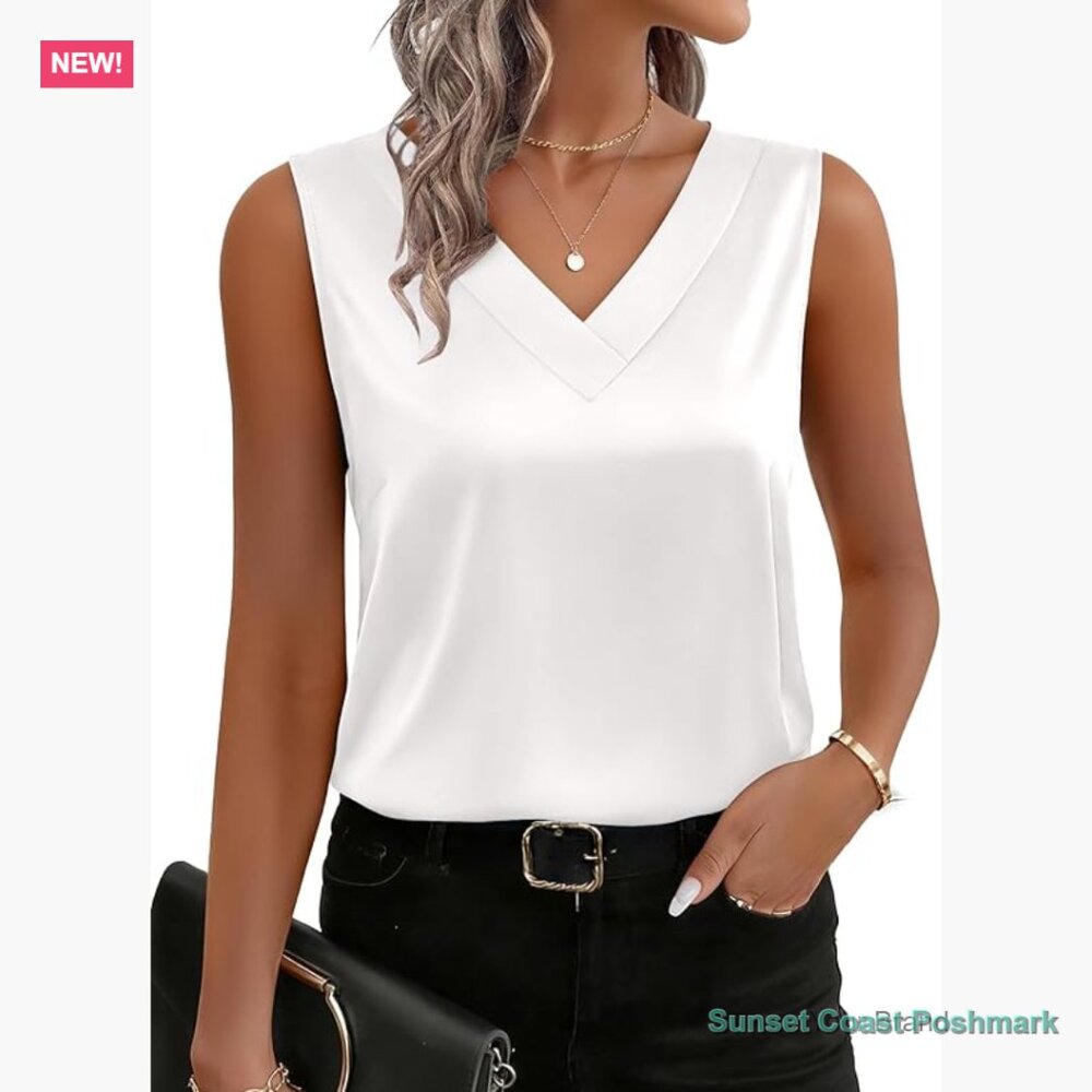 Silk Satin V Neck Tank Top Sleeveless Blouse Work Casual